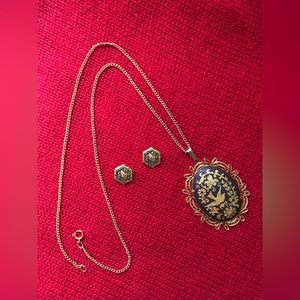 Damascene Spanish Filigree Oval Necklace with Earrings Set